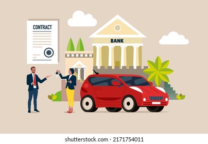 Businessman and a  woman sales agent with approved car loan and a new modern auto on a bank building background.