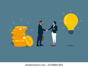 Businessman and woman shaking hand. Financial investments in creative projects and into innovation. Business, Company, Funds, gold. Flat vector illustration.