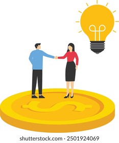 Businessman and woman shaking hand. Financial investments in creative projects and into innovation. Business, Company, Funds, gold. Flat vector illustration.


