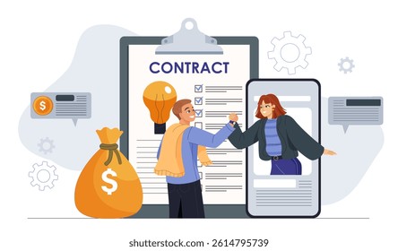 Businessman and woman shaking hands through a smartphone with a large contract clipboard behind them, money bag and dollar icons, on light background. Vector illustration