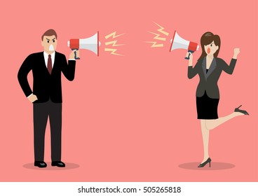 Businessman and woman are shouting on each other with megaphones. Business concept