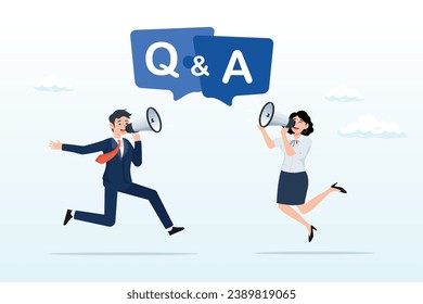 Businessman and woman shouting on megaphone as Q and A on speech bubble, Q and A, question and answer session, FAQ or frequently asked questions, information to solve problem (Vector)