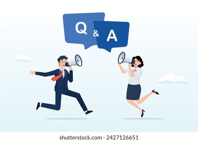 Businessman and woman shouting on megaphone as Q and A on speech bubble, Q and A, question and answer session, FAQ or frequently asked questions, information to solve problem (Vector)