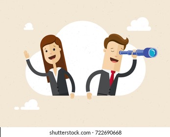 Businessman and woman sitting on a cloud. Businessman using telescope looking for success and woman waving someone's hand.  Vector, illustration, flat.