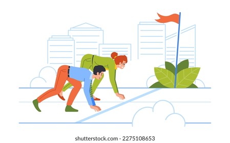 Businessman And Woman Stand On Low Starting Block, Ready To Sprint For Race. Characters Prepare For Competition