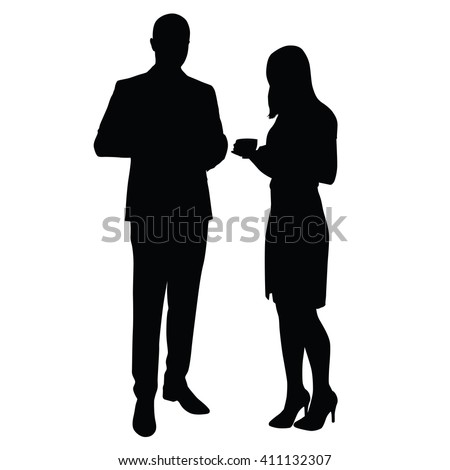 Businessman and woman standing and drinking coffee. Vector silhouettes. Break, time to relax at work in office. Man in suit, Woman in skirt. Managers, lawyers, merchants, business partners