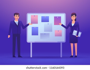 Businessman and woman standing near whiteboard. Business meeting, presentation. Colorful style vector illustration