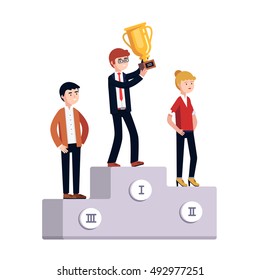 Businessman and woman standing on a three place winner podium celebrating business  achievement holding golden prize cup. Modern colorful flat style vector illustration isolated on white background.