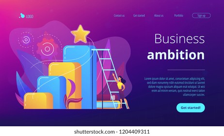 Businessman and woman start climbing ladder. Business and career ambition, career aspirations and plans, personal growth concept on white background. Website vibrant violet landing web page template.