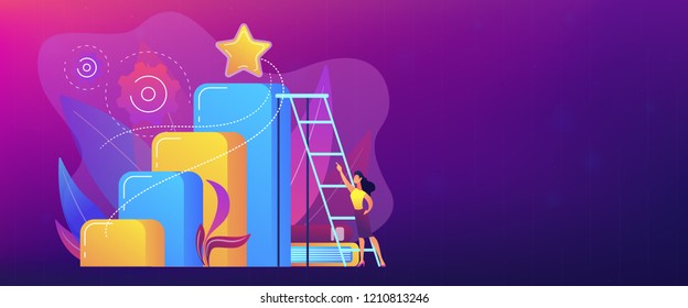 Businessman and woman start climbing ladder. Business and career ambition, career aspirations and plans, personal growth concept on white background. Header or footer banner template with copy space.