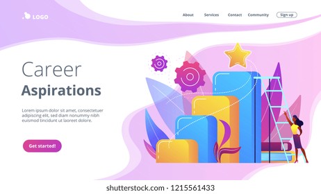 Businessman and woman start climbing ladder. Business and career ambition, career aspirations and plans, personal growth concept on white background. Website vibrant violet landing web page template.