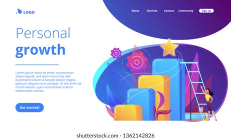 Businessman and woman start climbing ladder. Business and career ambition, career aspirations and plans, personal growth concept on white background. Website vibrant violet landing web page template.