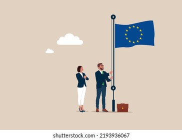 Businessman and woman in suit, male raising waving flag of European Union. Vector illustration.