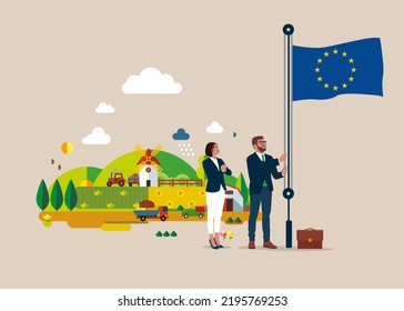 Businessman and woman in suit, male raising waving flag of European Union. Outside with beautiful landscape in background. Vector illustration.