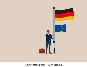 Businessman and woman in suit, male raising waving flags of Germany and European Union. Vector illustration.