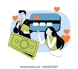 A businessman and a woman surrounded by money, a credit card, and hearts, symbolizing financial success and romantic attraction. Modern flat style on a blue background. Vector illustration