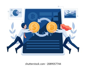 Businessman and Woman Swap Dollar Coin to Bitcoin Through Cryptocurrency Exchange Application. Cryptocurrency Exchange Trading Platform Concept.