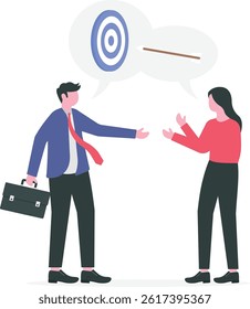 Businessman and woman talk about the business goals. Business team goal achievement. Shared goals, teamwork. Vector illustration.

