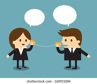 Businessman and woman talking with can telephone