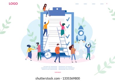 Businessman and woman, team fill out a form, Agenda list concept vector illustration, Teamwork, startup! Concept for web page, banner, presentation, social media, documents, cards, posters.