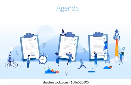 Businessman and woman, team fill out a form, Agenda list concept vector illustration, Teamwork, startup! Concept for web page, banner, presentation, social media, documents, cards, posters.
