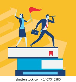 businessman and woman with telescope and flag on books business success vector illustration