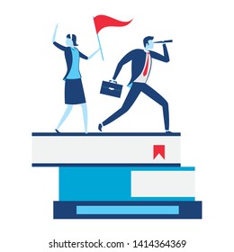 businessman and woman with telescope and flag on books business success vector illustration