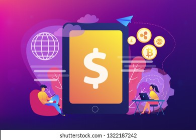 Businessman and woman transfer money with gadgets. Digital currency, cryptocurrency market, e-money transfer and digital money turnover concept. Bright vibrant violet vector isolated illustration