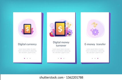 Businessman and woman transfer money with gadgets. Digital currency, cryptocurrency market, e-money transfer and digital money turnover concept. Mobile UI UX GUI template, app interface wireframe