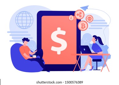 Businessman and woman transfer money with gadgets. Digital currency, cryptocurrency market, e-money transfer and digital money turnover concept. Living coral blue vector isolated illustration