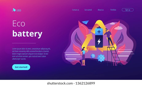 Businessman and woman using battery in recycle symbol. Eco battery, environmentally friendly battery, innovative eco-design concept. Website vibrant violet landing web page template.