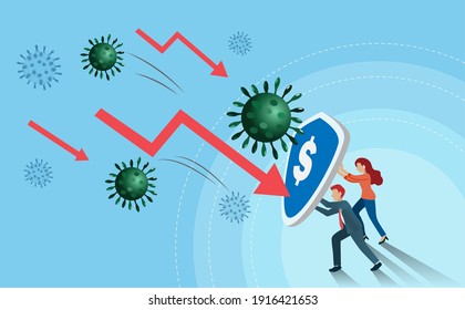 Businessman and woman using shield fighting effects from covid-19 and falling down stock exchange. Covid-19 pandemic impact critical business collapse and world economic crisis.
