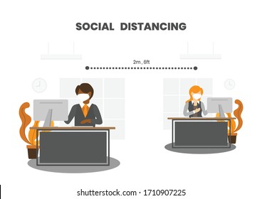 Businessman and woman wear face masks keep distance away in office.   Practice social distancing (Physical distancing) by working separately and stay at least 6 feet. COVID-19 outbreak prevention.