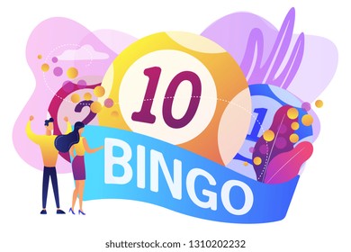 Businessman and woman winners and bingo lottery balls with lucky numbers, tiny people. Lottery money game, lucky raffle ticket, bingo game concept. Bright vibrant violet vector isolated illustration