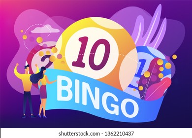 Businessman and woman winners and bingo lottery balls with lucky numbers, tiny people. Lottery money game, lucky raffle ticket, bingo game concept. Bright vibrant violet vector isolated illustration