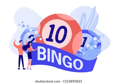 Businessman and woman winners and bingo lottery balls with lucky numbers, tiny people. Lottery money game, lucky raffle ticket, bingo game concept. Pinkish coral bluevector isolated illustration