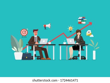 Businessman and woman working at modern office. Graph up and business icons. Vector illustration