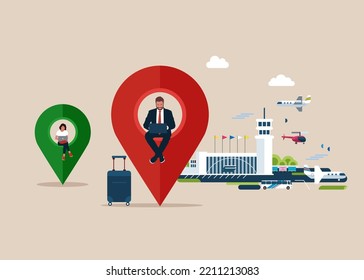 Empresario y mujer trabajando en el pin de localización de mapas usando computadora portátil. Nómada digital, libertad para trabajar en cualquier lugar mediante el uso de ordenador con internet, trabajo remoto y freelance de viaje.