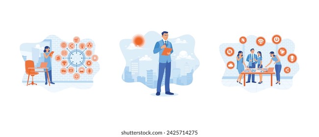 Businessman and woman working using laptop and tablet. Business team working in a modern office. Digital business concept. Set flat vector illustration.