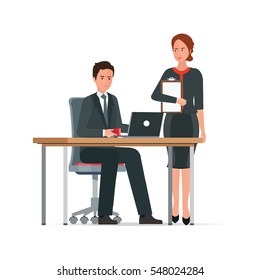 Businessman and woman works together, Man sits at the table on workplace with laptop, woman stands beside him, character flat design vector illustration.