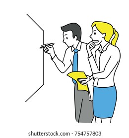 Businessman and woman, writing on white board, thinking and discussing, business concept in partnership, teamwork, coworkers, corporate. Outline, linear, thin line art, hand drawn sketch design.