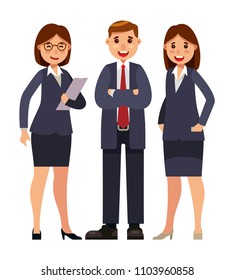businessman with women assistants. business team flat style vector illustration