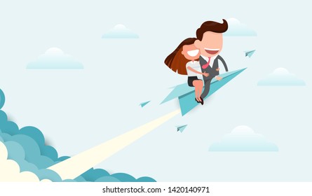 Businessman and women riding a paper plane and smoke through cloud Business startup concept. vector illustration. flat design.