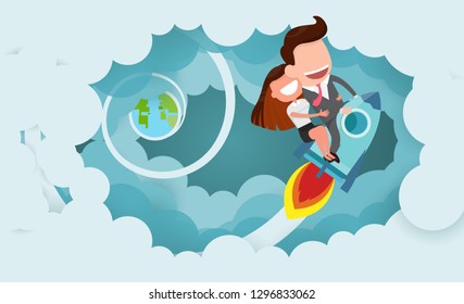 Businessman and women riding a rocket and smoke through cloud Business startup concept. vector illustration. flat design.