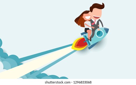 Businessman and women riding a rocket and smoke through cloud Business startup concept. vector illustration. flat design.