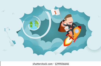 Businessman and women riding a rocket and smoke through cloud Business startup concept. vector illustration. flat design.