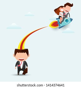 Businessman and women riding a rocket and smoke through cloud Business startup concept. vector illustration. flat design.