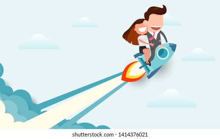 Businessman and women riding a rocket and smoke through cloud Business startup concept. vector illustration. flat design.