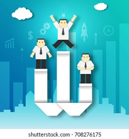 Businessman Won the Competition on the Winner Podium Paper Origami Crafted Business Concept. Cutout Template with Elements and Symbols, Icons for Banner, Card, Poster. Vector Illustrations Art Design.