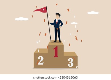 Businessman won the first ranking position. Illustration of a businessman winning the first rank position by carrying the victory flag.